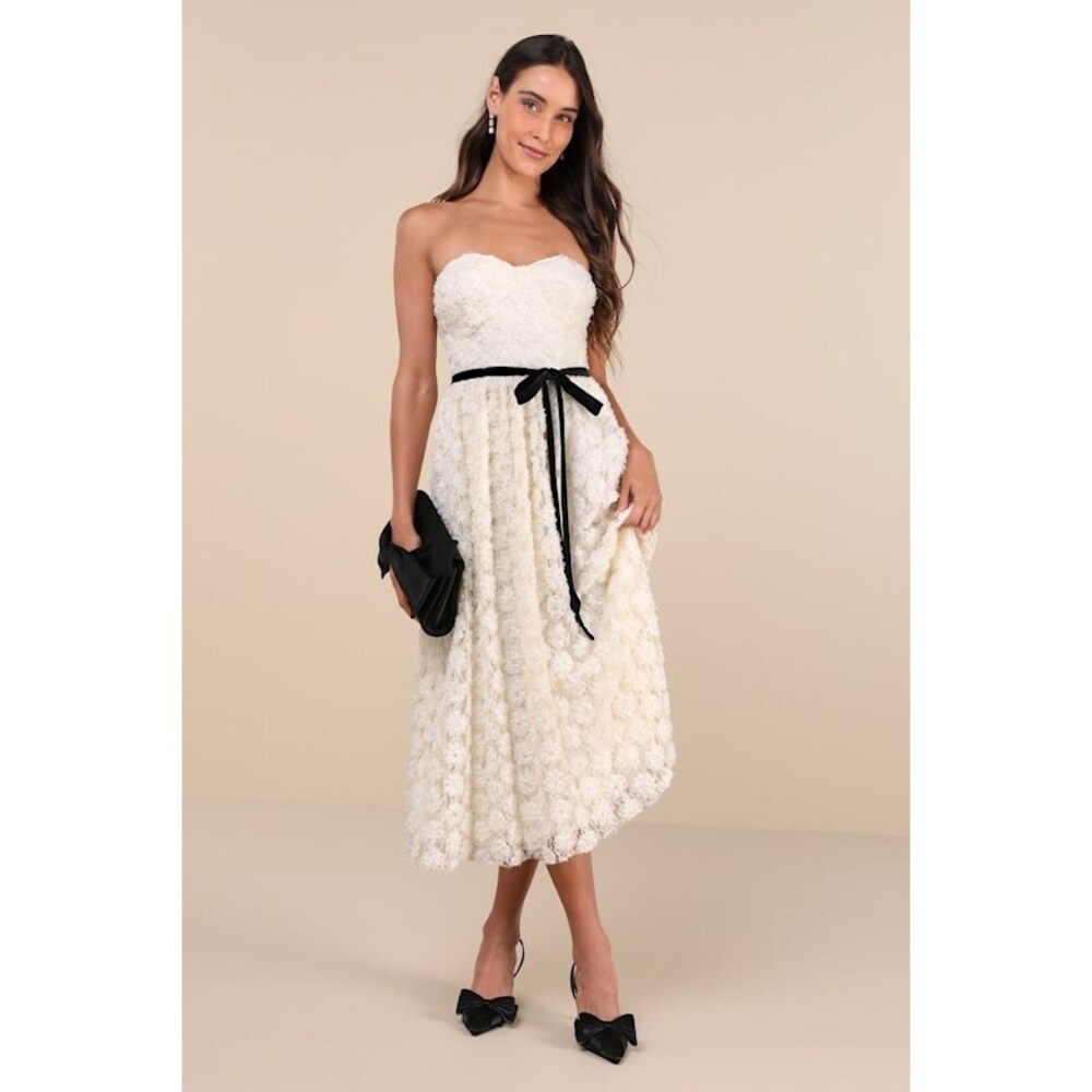 Lulus Cute Merriment Ivory 3d Floral Applique Lace Midi Dress White - Size S -